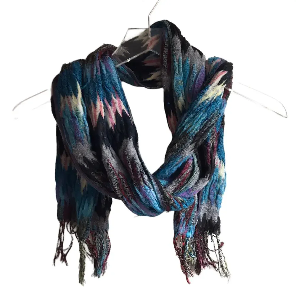 Blue Zig Zag Knit Scarf Fringed Marled Rectangular Wrap Warm Cozy Cabincore
